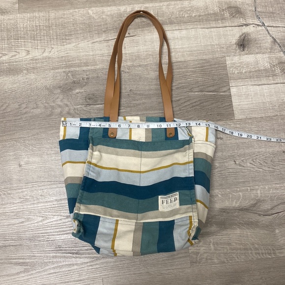 FEED Projects Canvas Market Tote Sea Blue Shopping Leather Straps Bag - Picture 15 of 16